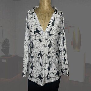 Jolie & Joy 3X Abstract Face Print Blouse White Black Long Sleeve Top Plus Artsy